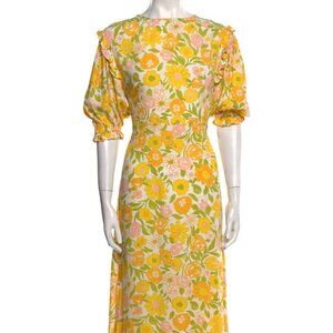 Faithfull The Brand Yellow Floral Print Retro Midi Length Sundress Dress Size 8